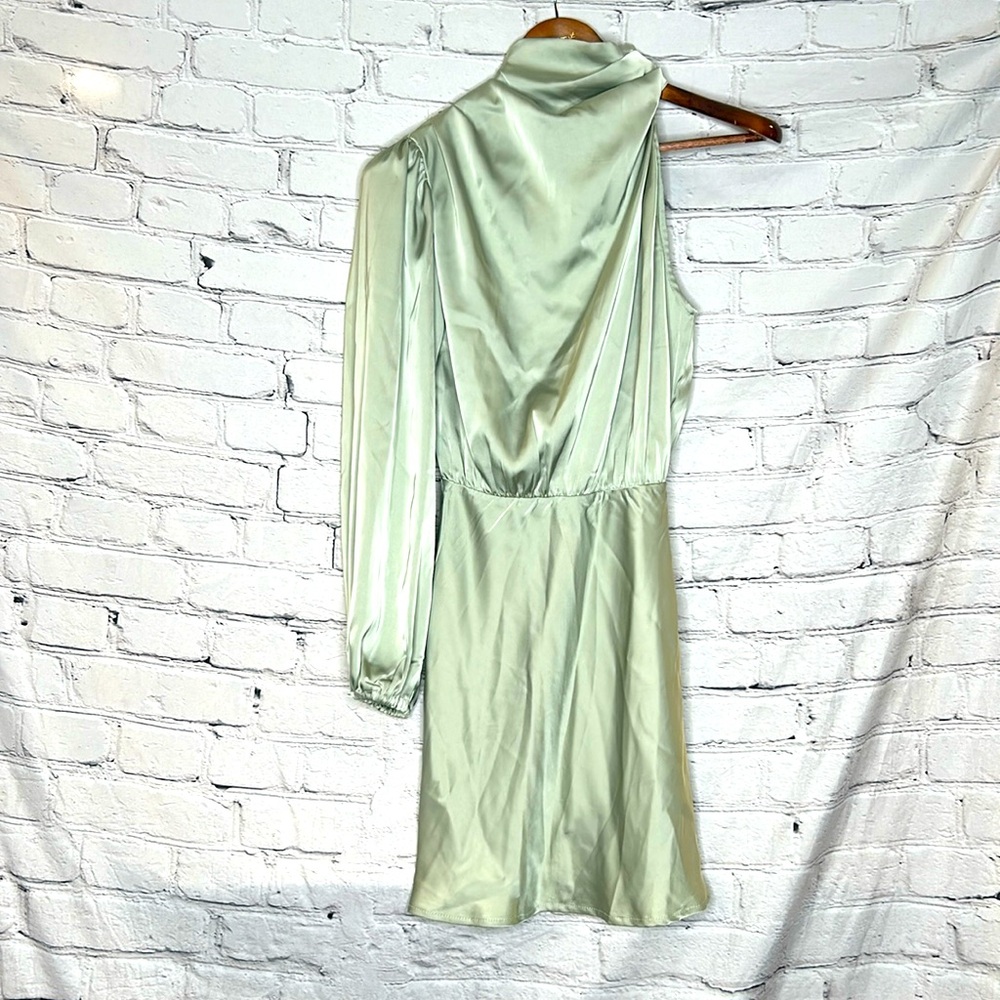 Hello Molly Green Silk Like High-Neck One Arm Long Sleeve Dress Size Small